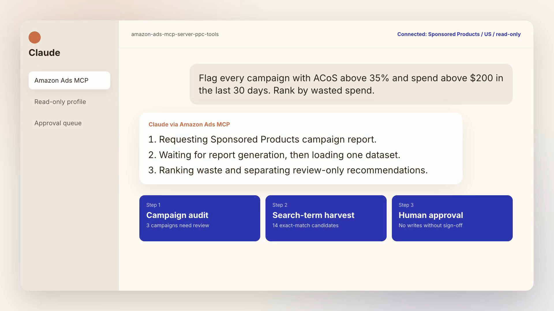 Claude walking through an Amazon Ads MCP campaign audit