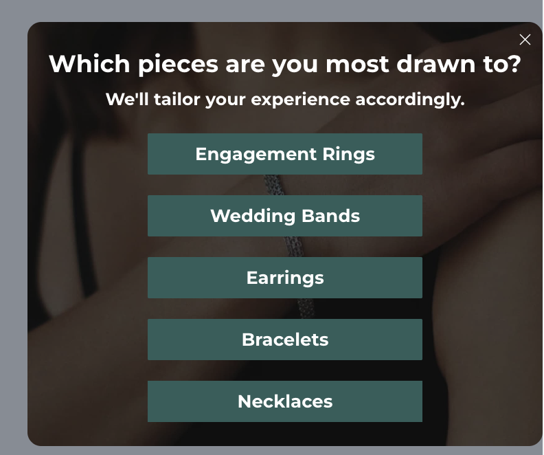 Two-step Klaviyo sign-up form built by In-box asking shoppers which jewellery category they are interested in